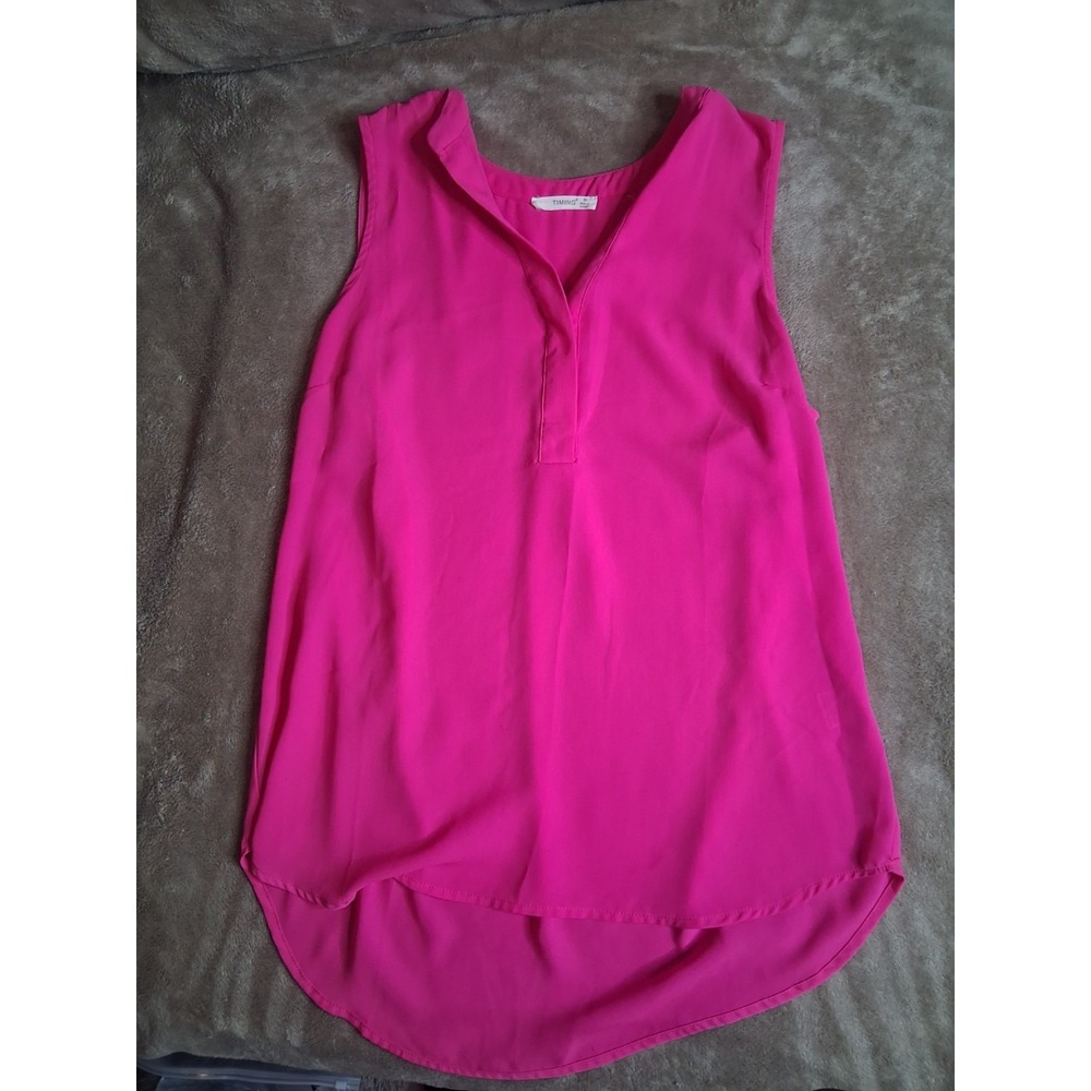 Timing Womens Sleeveless V-Neck Blouse Size Medium Hot Pink Fuchsia Hi-Low Tunic